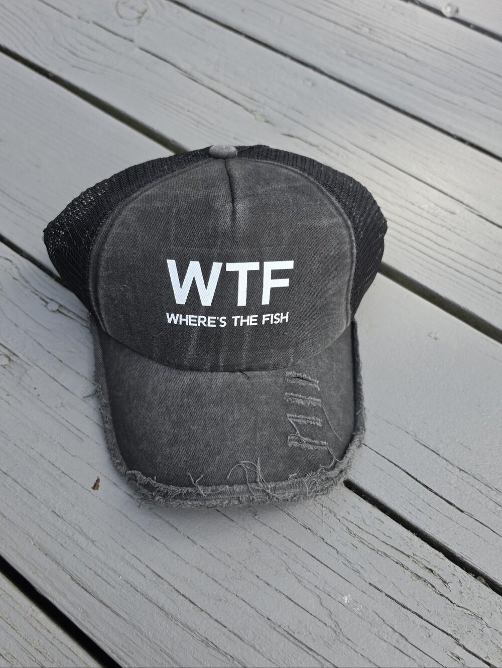 WTF Wheres The Fish Hat Funny Distressed Fishing Novelty Trucker Hat